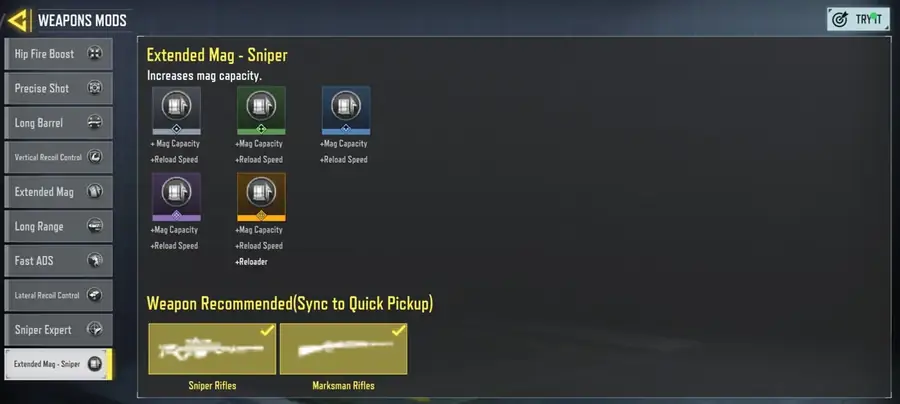 پرک خشاب بزرگ‌تر اسنایپر (Extended Mag - Sniper) در منوی Weapon Mods بتل رویال کالاف موبایل
