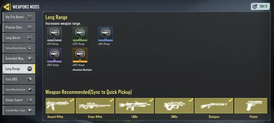 پرک برد بیشتر (Long Range) در منوی Weapon Mods بتل رویال کالاف موبایل